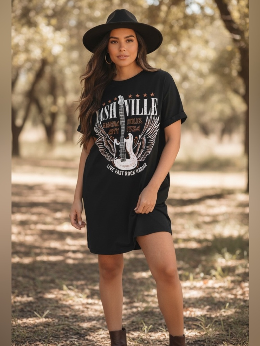 Black Graphic Mini Dress - Nashville Rock Tee Dress